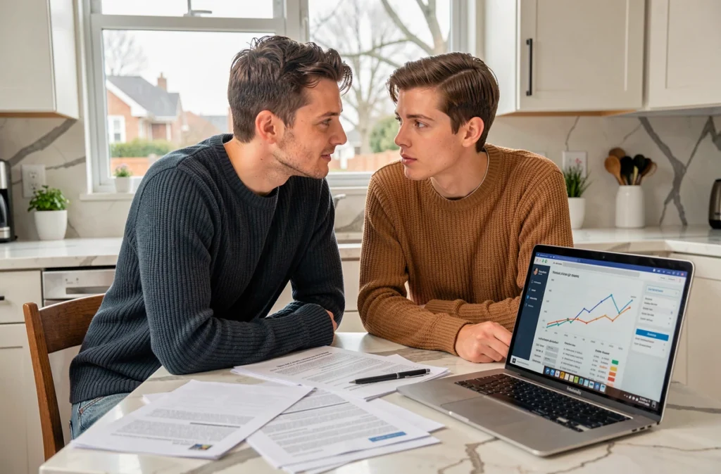 Un couple examine des documents de prêt immobilier et une simulation d'assurance emprunteur sur un ordinateur portable à la maison