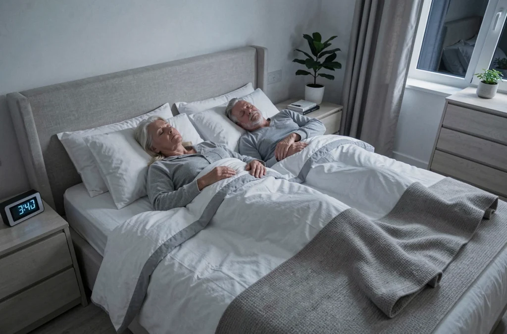 Couple de retraités dans leur lit la nuit, la femme éveillée souffrant d'insomnie pendant que son partenaire dort, réveil affichant 3h47