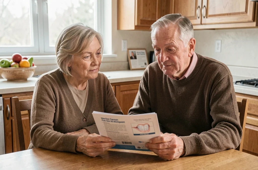 Couple de retraités consultant ensemble une brochure sur les soins dentaires à domicile pour seniors
