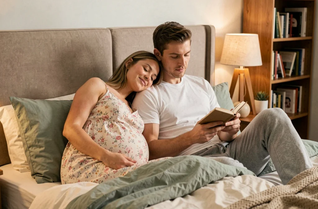 Couple attendant un bébé blottis ensemble dans leur lit le soir, illustrant l'importance du soutien du partenaire pour le sommeil pendant la grossesse
