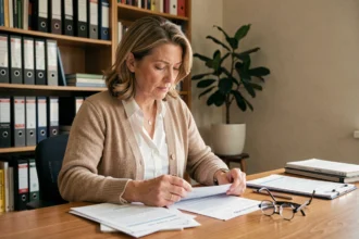 Femme consultant des documents d'assurance maladie complémentaire à son bureau à domicile