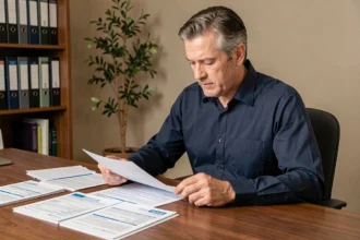 Un homme de 45 ans examine des documents d'assurance emprunteur et des formulaires fiscaux sur un bureau en bois dans un bureau à domicile
