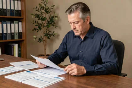 Un homme de 45 ans examine des documents d'assurance emprunteur et des formulaires fiscaux sur un bureau en bois dans un bureau à domicile