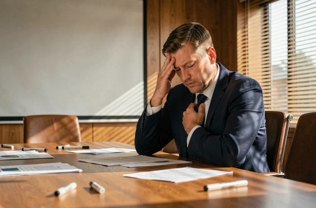 Dirigeant d'entreprise épuisé en salle de réunion après une réunion stressante, gestion du stress dans les postes à hautes responsabilités