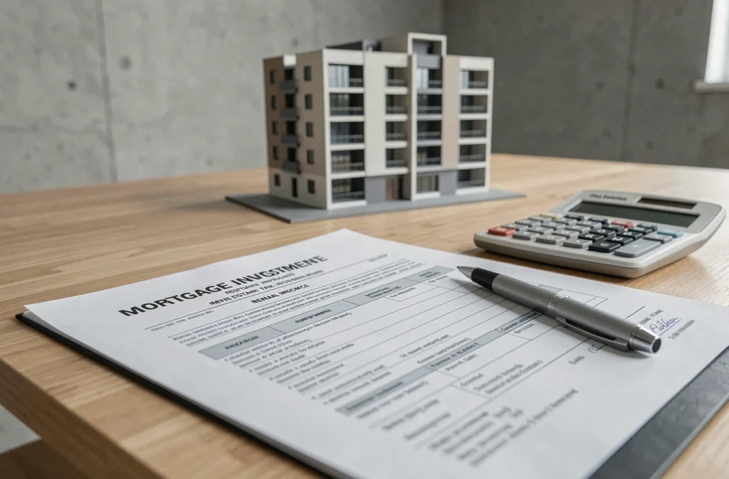 Documents d'assurance emprunteur et formulaire de revenus fonciers ouverts sur une table avec calculatrice et modèle d'immeuble locatif en arrière-plan