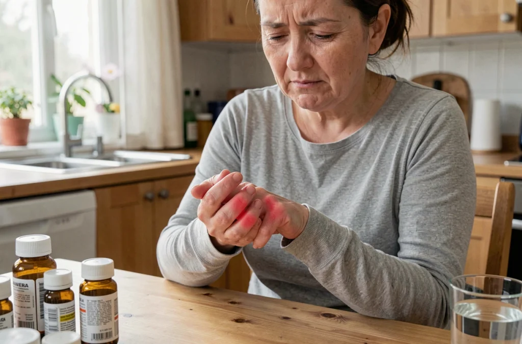 Femme d'âge mûr souffrant de douleurs articulaires aux mains, symptôme discret et fréquent du lupus érythémateux systémique