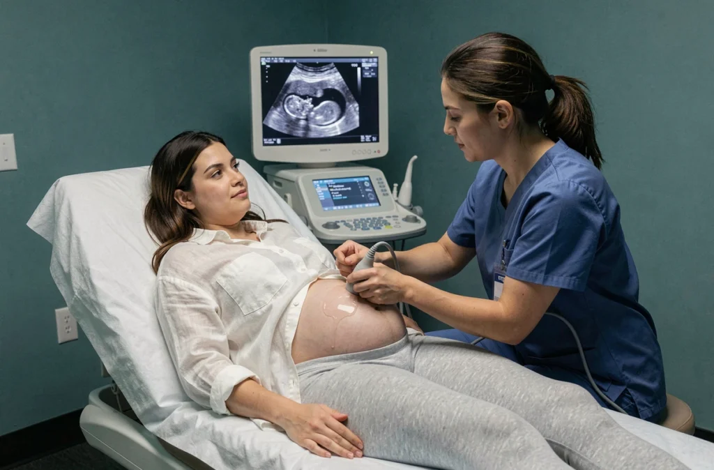 Échographie obstétricale pendant la grossesse avec une sage-femme sonographiste et une future mère observant l'écran