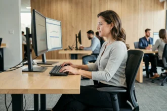 Femme en posture ergonomique correcte à son bureau avec clavier scindé et double écran en open space