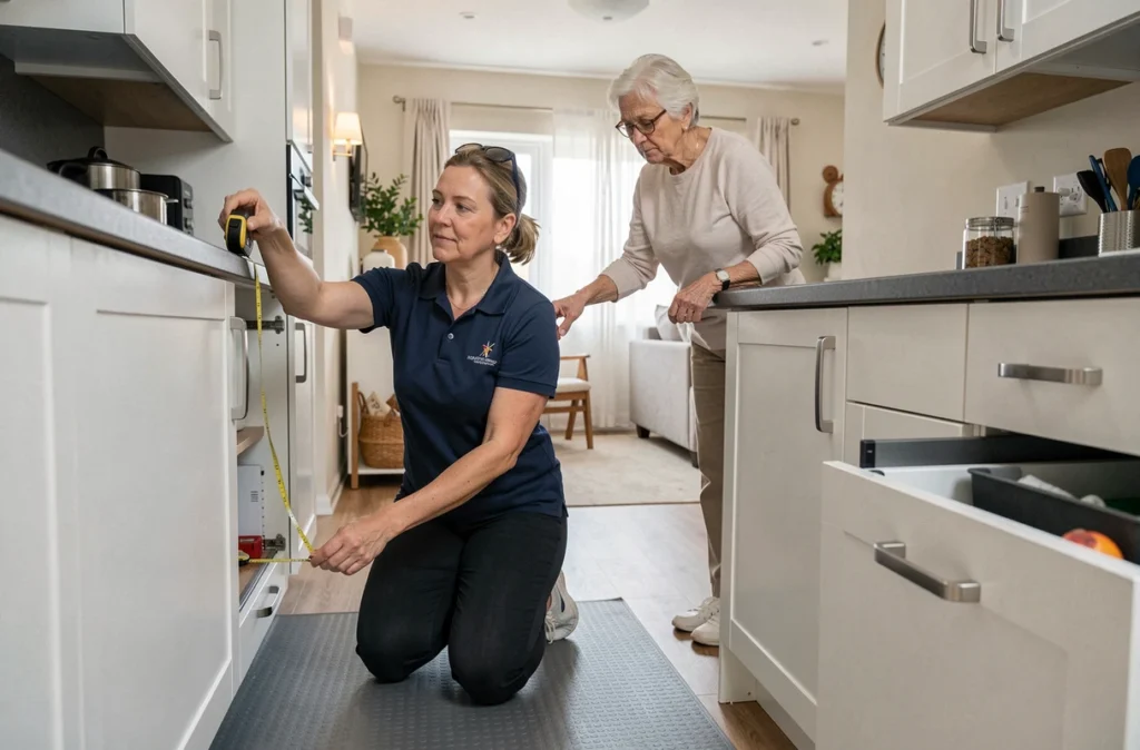 Ergothérapeute mesurant une cuisine avec une personne âgée pour adapter le logement au vieillissement