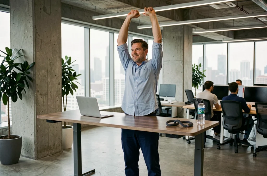 Homme d'affaires faisant des étirements à son bureau réglable en hauteur dans un open space moderne pour booster sa concentration