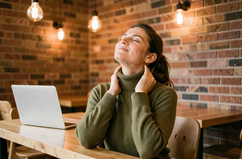 Femme effectuant des exercices d'étirement du cou et de la gorge dans un espace de coworking pour préserver sa voix au quotidien