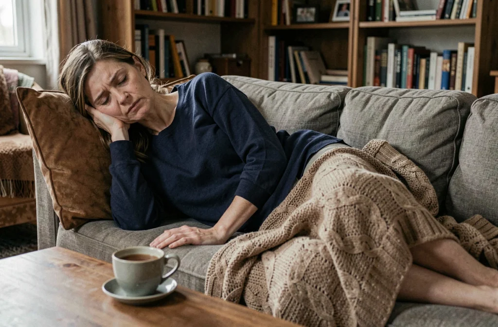 Femme épuisée allongée sur un canapé illustrant la fatigue chronique intense, l'un des symptômes les plus discrets du lupus érythémateux