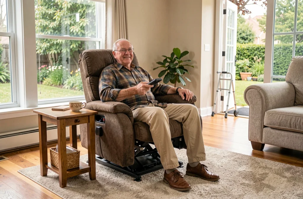 Homme âgé confortablement installé dans un fauteuil releveur dans un salon aménagé pour le vieillissement à domicile