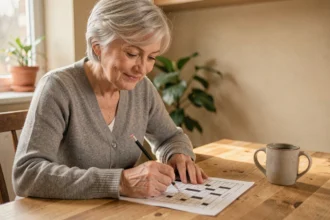 Femme âgée souriante faisant des mots croisés à la table de cuisine pour exercer sa mémoire