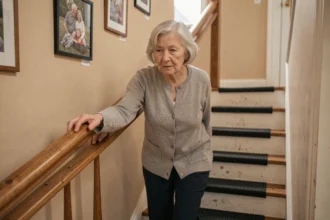 Femme âgée tenant une rampe d'escalier pour prévenir les chutes à domicile