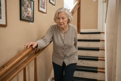 Femme âgée tenant une rampe d'escalier pour prévenir les chutes à domicile
