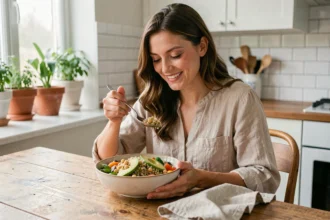 Femme mangeant un bol sain et rassasiant de quinoa, avocat et légumes frais dans une cuisine moderne