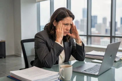 Femme cadre supérieure stressée dans un bureau moderne, gestion du stress en milieu professionnel à responsabilités