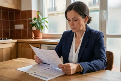 Femme comparant des documents de mutuelle santé à une table de cuisine moderne