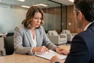 Une femme en blazer gris discute d'un contrat d'assurance emprunteur avec un conseiller bancaire dans un bureau moderne