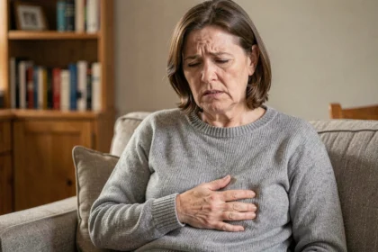 Femme d'âge moyen tenant son abdomen droit avec une expression de douleur, illustrant une crise de vésicule biliaire