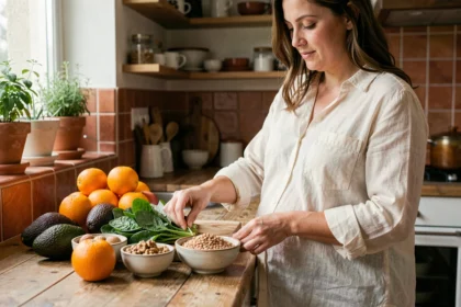 Femme enceinte préparant des aliments sains et nutritifs dans une cuisine chaleureuse