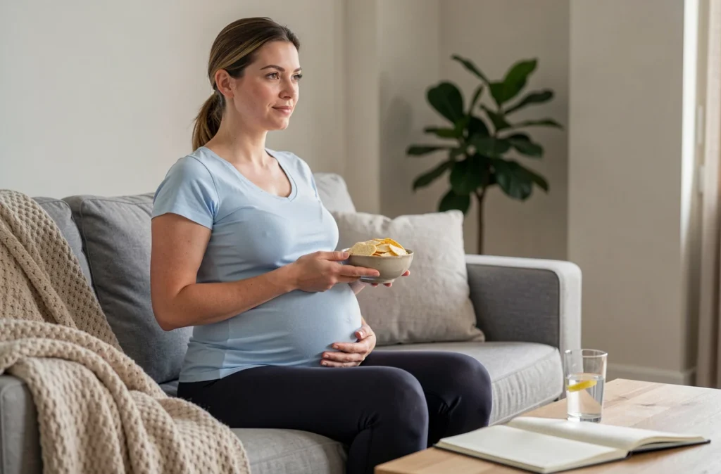 Femme enceinte assise sur un canapé mangeant des crackers pour calmer les nausées matinales de grossesse