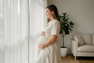 Femme enceinte au deuxième trimestre en robe de lin ivoire, vue de profil dans un salon scandinave lumineux
