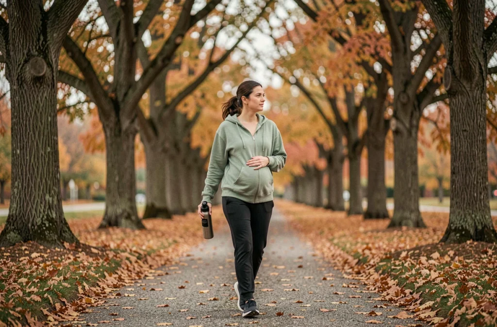 Femme enceinte marchant dans un parc en automne pour une activité physique douce