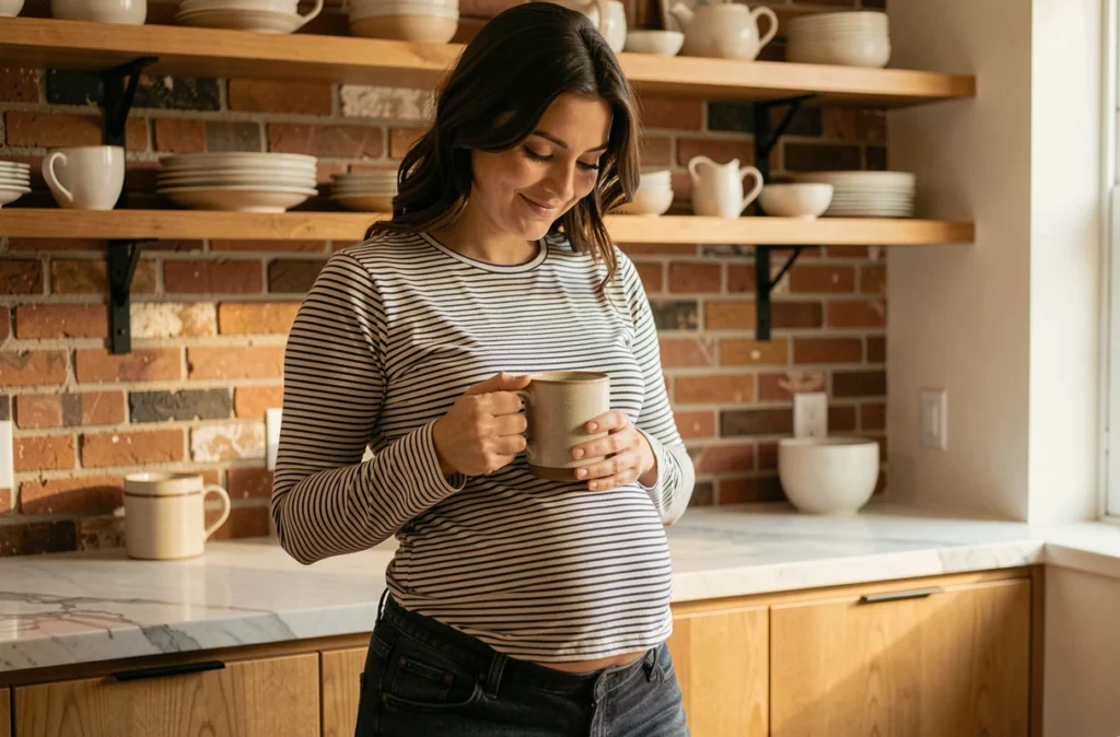 Femme enceinte au premier trimestre tenant une tasse dans une cuisine rustique moderne, sourire discret vers son ventre