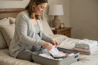 Femme enceinte préparant sa valise de maternité avec des vêtements de nouveau-né sur un lit