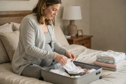 Femme enceinte préparant sa valise de maternité avec des vêtements de nouveau-né sur un lit