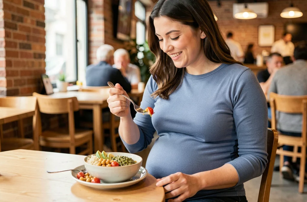Femme enceinte savourant un repas équilibré et nutritif dans un café