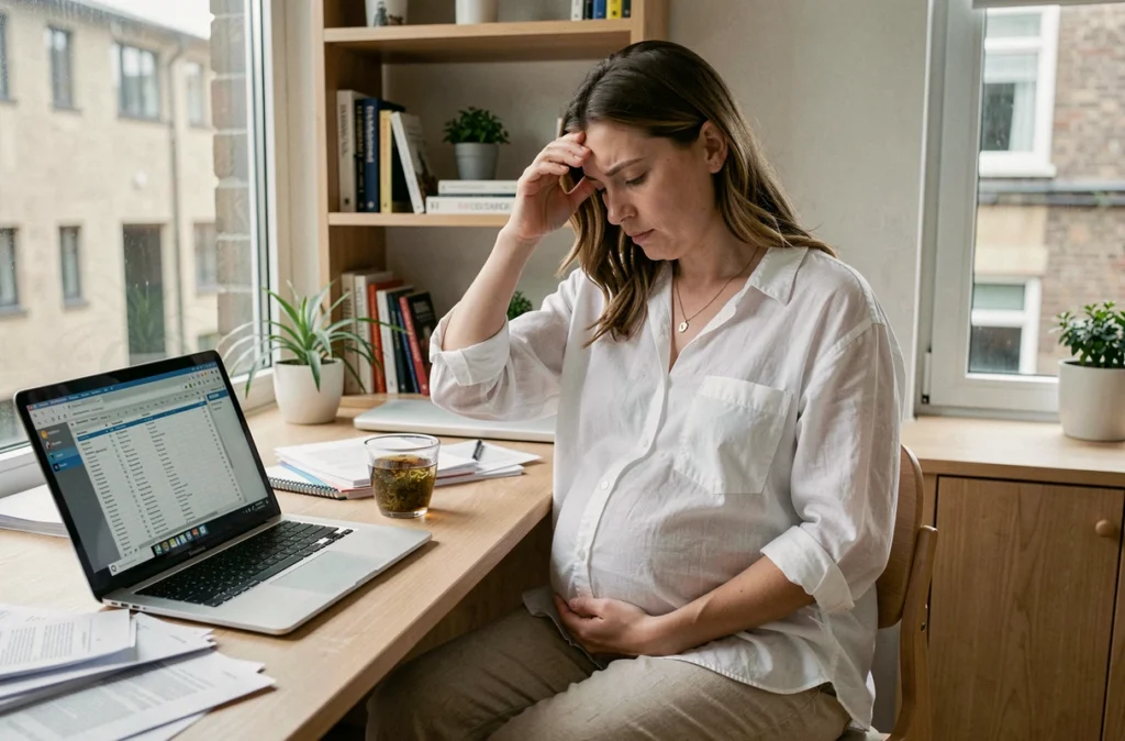 Femme enceinte stressée au bureau à domicile, tenant son ventre, symbolisant les effets du stress prénatal sur le bébé