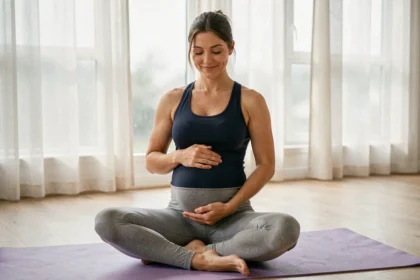 Femme enceinte pratiquant le yoga prénatal sur un tapis dans un studio lumineux