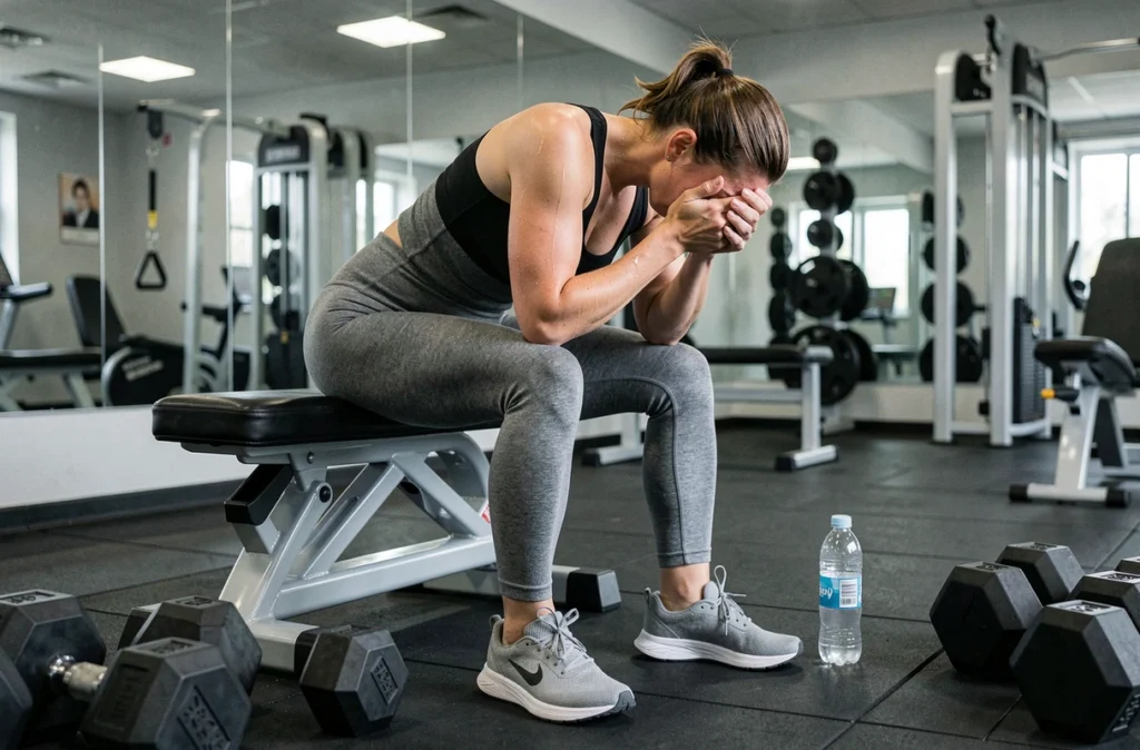 Femme épuisée assise sur un banc de salle de sport, représentant le découragement lié aux erreurs dans une démarche de perte de poids