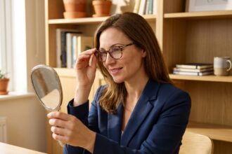 Femme essayant des lunettes tendance devant un miroir dans un bureau à domicile chaleureux