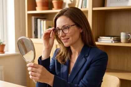 Femme essayant des lunettes tendance devant un miroir dans un bureau à domicile chaleureux
