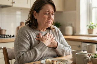 Femme d'une cinquantaine d'années assise à une table de cuisine, les mains sur la poitrine, exprimant une gêne après le repas liée aux extrasystoles et troubles digestifs