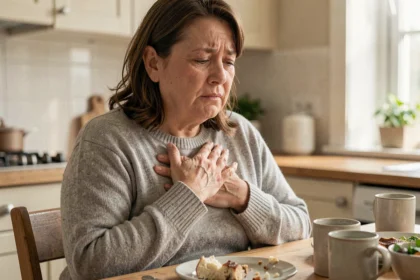 Femme d'une cinquantaine d'années assise à une table de cuisine, les mains sur la poitrine, exprimant une gêne après le repas liée aux extrasystoles et troubles digestifs