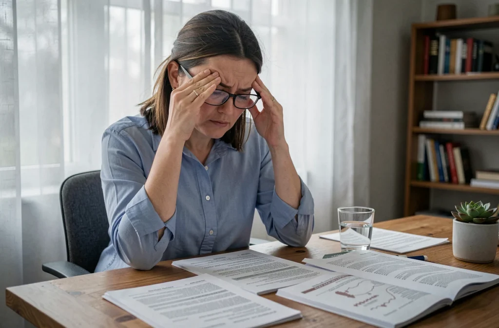 Femme fatiguée se frottant les yeux devant des documents médicaux à son bureau, illustrant la fatigue visuelle et la fatigue chronique associées à la sclérose en plaques