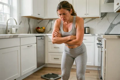 Femme frustrée regardant une balance dans une cuisine moderne, illustrant les erreurs fréquentes qui freinent la perte de poids durable