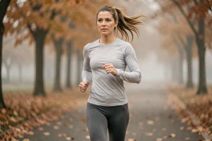 Femme qui fait du jogging dans un parc en automne pour favoriser l'amincissement grâce à l'activité physique régulière