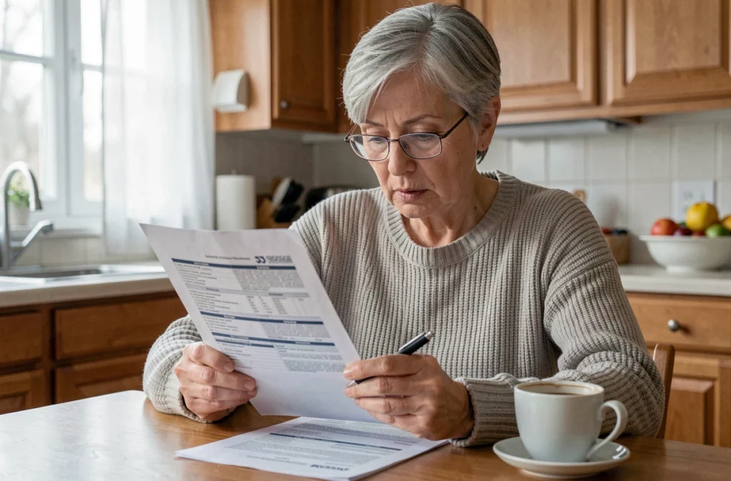 Une femme d'âge mûr examine attentivement son contrat d'assurance emprunteur lié à la convention Aeras à son domicile