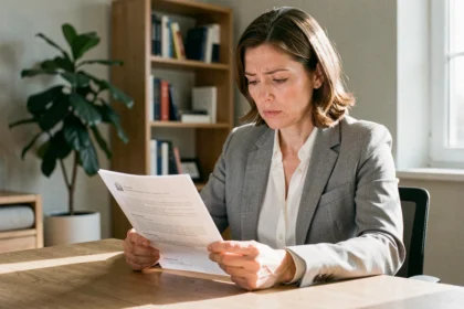 Femme lisant un contrat de mutuelle à son bureau à domicile avant de procéder à sa résiliation