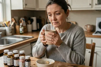 Femme atteinte de la maladie de Crohn gérant son traitement quotidien dans sa cuisine