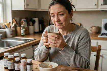 Femme atteinte de la maladie de Crohn gérant son traitement quotidien dans sa cuisine