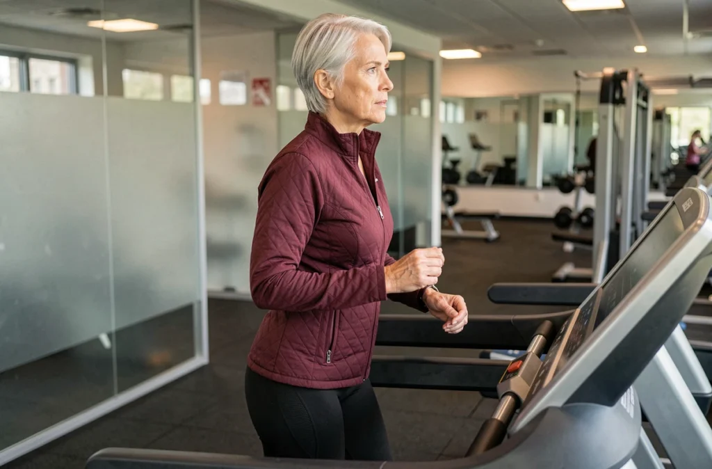 Femme de 52 ans marchant rapidement sur un tapis de course en salle de sport pour perdre du poids