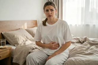 Jeune femme assise sur son lit souffrant de nausées matinales, tenant son ventre avec une expression fatiguée