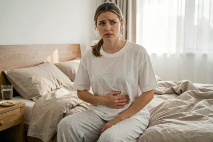 Jeune femme assise sur son lit souffrant de nausées matinales, tenant son ventre avec une expression fatiguée